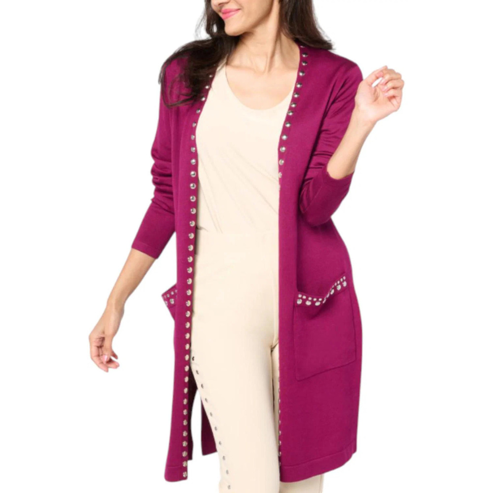Nina Leonard Women's Sweater Knit Studded Cardigan Blackberry - Regular
